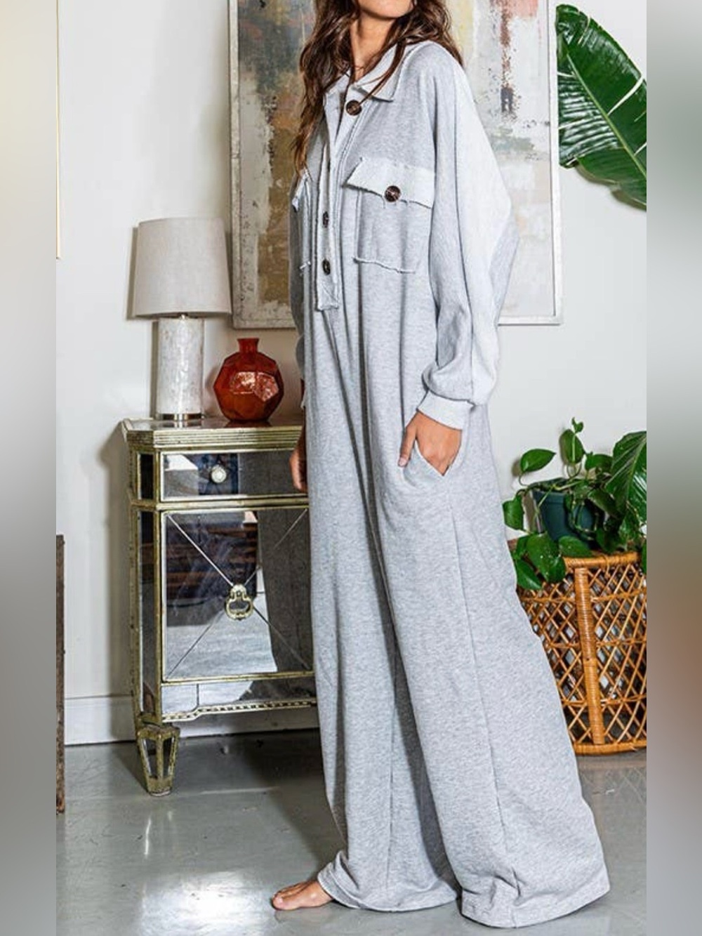 Bucket List Oversized Two-Tone Gray Wide Leg Jumpsuit Raw Edges Texture Button M - Picture 5 of 16